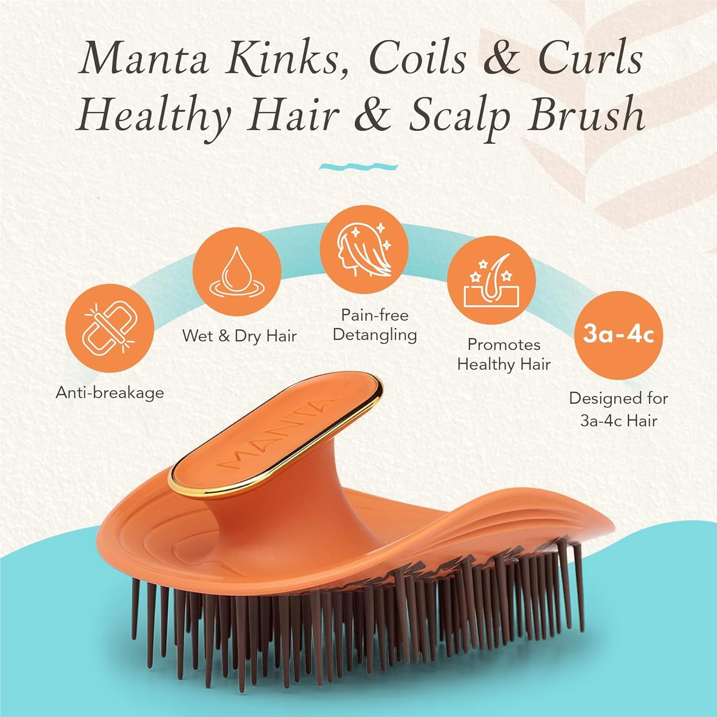 Manta Curls Anti-Breakage Hairbrush – Detangling Brush for Curly & Afro Hair, Gentle Wet & Dry Hairbrush for Women, Orange