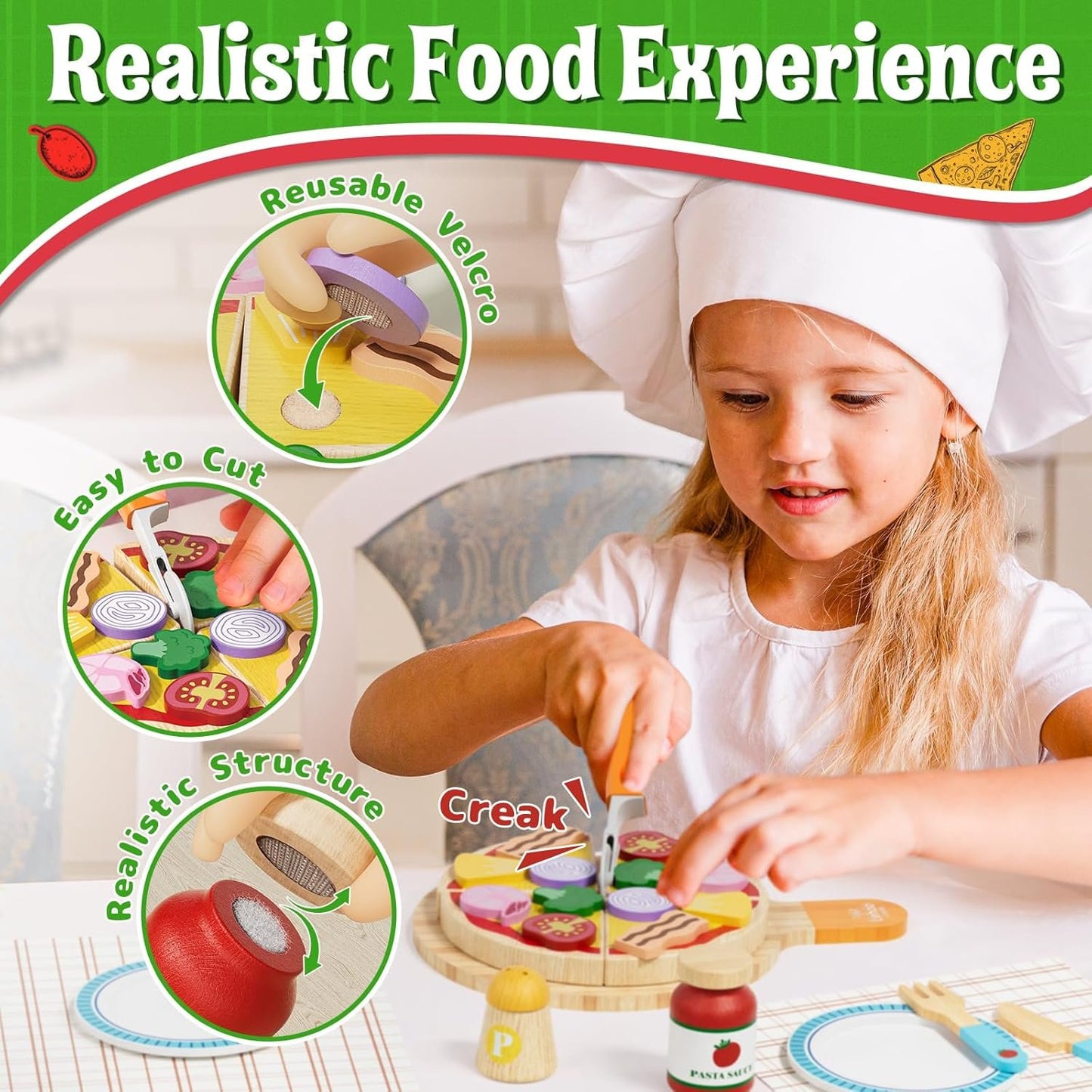 Lehoo Castle Wooden Play Food Kitchen Toys, Play Kitchen Accessories with Pot & Pan, Pizza Pasta Pretend Play Toy Food, Educational Learning Toy Gift for Toddlers 3+