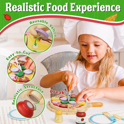 Lehoo Castle Wooden Play Food Kitchen Toys, Play Kitchen Accessories with Pot & Pan, Pizza Pasta Pretend Play Toy Food, Educational Learning Toy Gift for Toddlers 3+