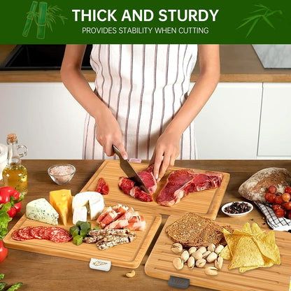 Bamboo Chopping Board, Cutting Board Set with Juice Groove, 4 Pieces Chopping Board Set with Stand, Perfect as Kitchen Tools & Gadgets, for Meat Prep Cheese Vegetables and Fruits