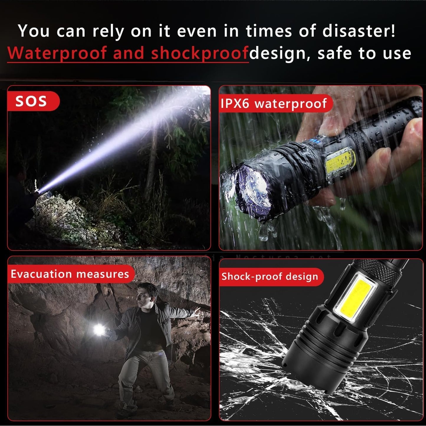 Rechargeable Flashlight, 900000 High Lumens Waterproof Tactical Flashlights with Zoomable, 7 Modes and COB LED Bright Flashlight for Camping, Cycling, Mountain, Emergencies (Include 5000mAh Battery)