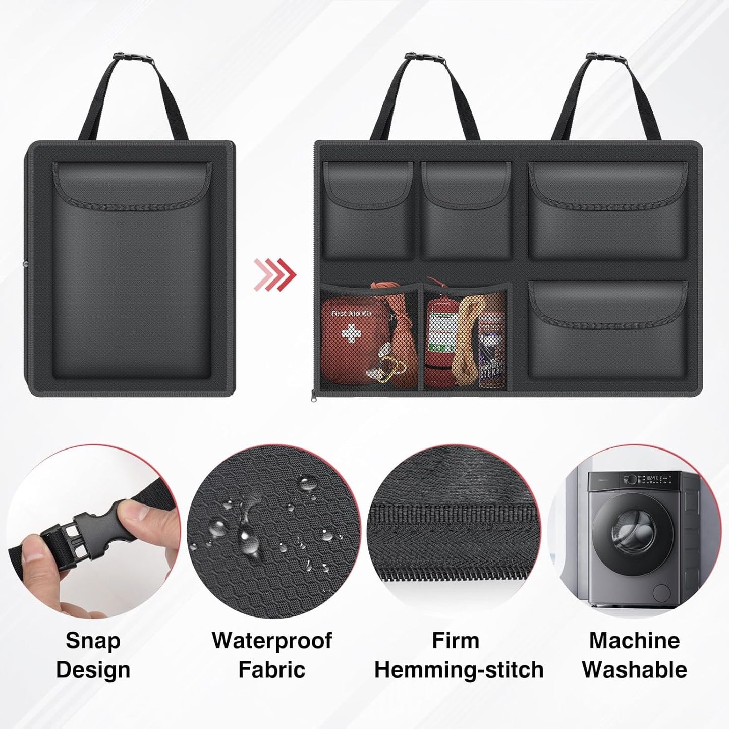 Hanging Trunk Organizer for SUV, Super Capacity Detachable Car Trunk Organizers Back Seat, Foldable Cargo Storage Bag with 7 Pockets & Adjustable Straps for SUVs, Jeeps, Minivans, Maximize Your Space