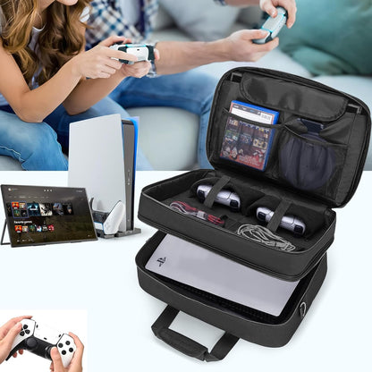 CURMIO Game Console Carrying Case Compatible with PS5/ PS5 Slim/ PS4 Game Console, Travel Console Storage Bag Case with Multiple Pockets for Laptop (Up to 15.6''), Controller, Gaming Accessories