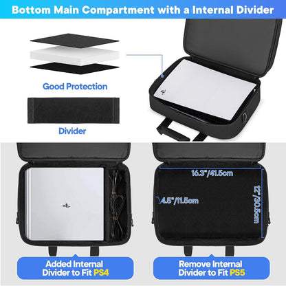 CURMIO Game Console Carrying Case Compatible with PS5/ PS5 Slim/ PS4 Game Console, Travel Console Storage Bag Case with Multiple Pockets for Laptop (Up to 15.6''), Controller, Gaming Accessories