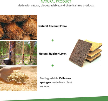 Biodegradable Sponge, Coconut Fiber with Cellulose Eco Sponge, Natural Sponges for Dishes, Sustainable, Environmentally Friendly Kitchen Scouring Pad, Scratch Free, Compostable, 4 Pack