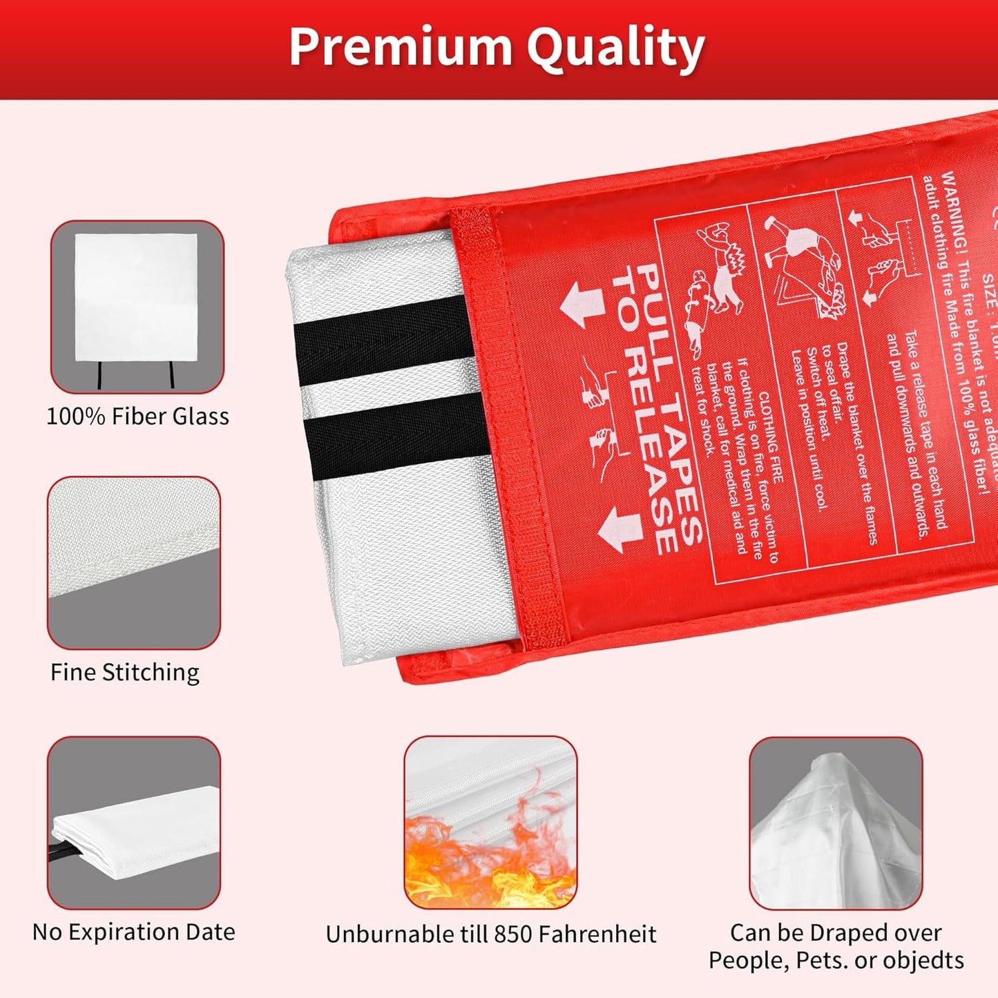 HappyVibes Emergency Fire Blanket for Home - 4 Pack Fiberglass Fire Extinguishing Blanket 40x40 Inches - Fire Blankets Emergency for Home, Kitchen, School, Office, Car, and Grill