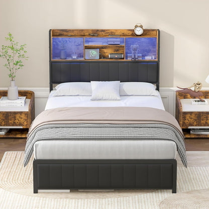 Ufurniture Queen Size Bed Frame with Storage Upholstered Headboard & USB Ports & LED Light,Industrial PU Leather Platform Bed with Metal Mattress Base Support, Rustic Black (Queen)