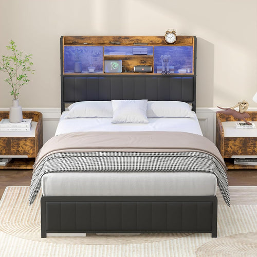 Ufurniture Queen Size Bed Frame with Storage Upholstered Headboard & USB Ports & LED Light,Industrial PU Leather Platform Bed with Metal Mattress Base Support, Rustic Black (Queen)