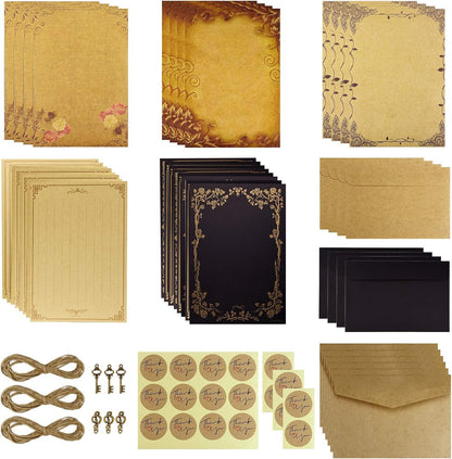 Dxhycc Vintage Stationary Paper and Envelopes Set, Aged Paper Writing Paper Stationery Set, 28 Sheets of Vintage Letter Papers, 14 Envelopes, 6 Hemp Ropes, 6 Retro Keys, 18 Sealing Stickers
