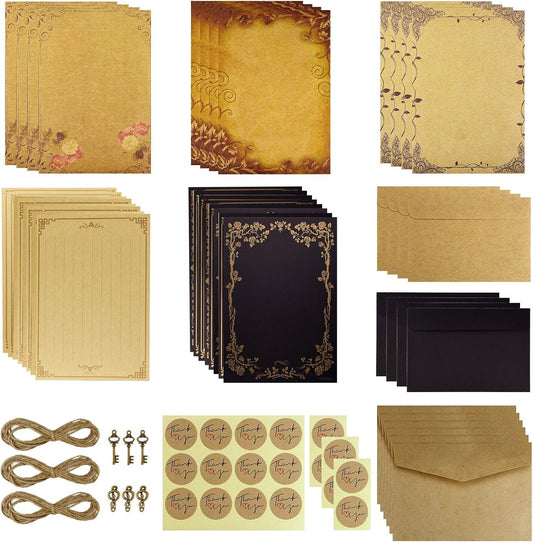 Dxhycc Vintage Stationary Paper and Envelopes Set, Aged Paper Writing Paper Stationery Set, 28 Sheets of Vintage Letter Papers, 14 Envelopes, 6 Hemp Ropes, 6 Retro Keys, 18 Sealing Stickers