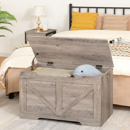 HOOBRO Storage Chest, 75 cm Retro Toy Box Organizer with U-Shaped Cut-Out Pull, Storage Bench, Safety Hinge, Sturdy Toy Chest, Wooden, Supports 100 kg, Easy Assembly, Greige BG77CW01