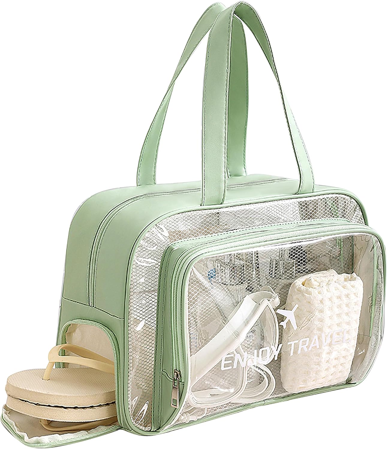 TALOMON Transparent PVC & PU Makeup Bag - Large Capacity, Wet/Dry Separation with Two or Three Partitions, Travel Toiletry Bag for Skincare, Beach & Poo（ Green