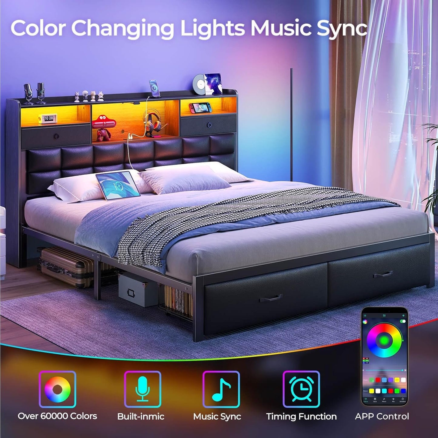 Rolanstar Bed Frame King Size with Drawers and Charging Station, Upholstered Platform Bed with Storage Headboard and LED Light, Heavy Duty Metal Frame Support, No Box Spring Needed, Noise Free, Black