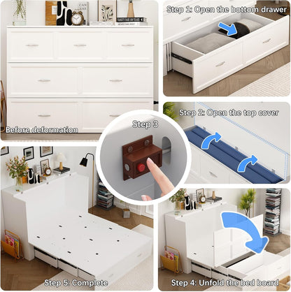 ECACAD Multi-Functional 2-in-1 Murphy Cabinet Bed, Full Size Bed Frame Murphy Bed Chest with Built-in Power Strip & 3 Drawers, Full Foldable Platform Bed, White