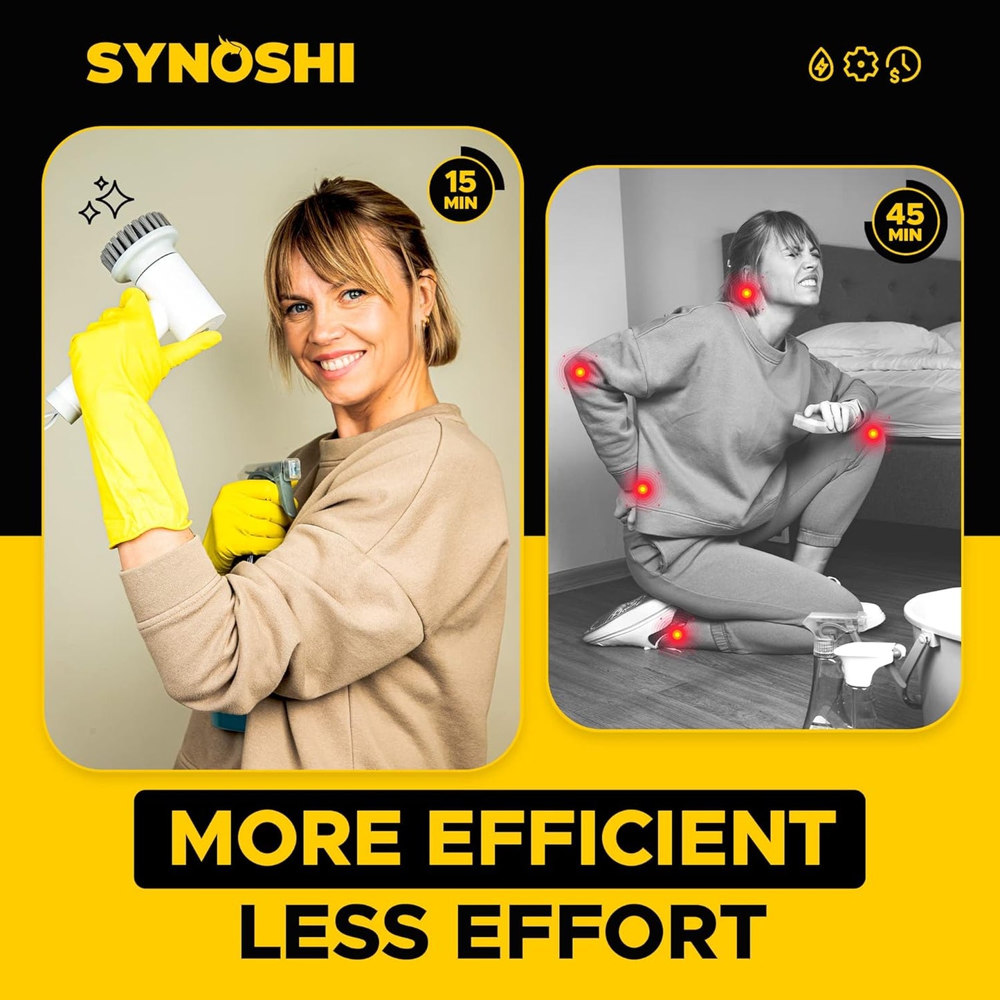 Synoshi Bathroom Set Electric Spin Scrubber with 3 Replaceable Cleaning Head + 2 Cone Brush Heads + 6 Sponge Brush Heads. Perfect for Hard to Reach Places and Smooth Surfaces in The Bathroom