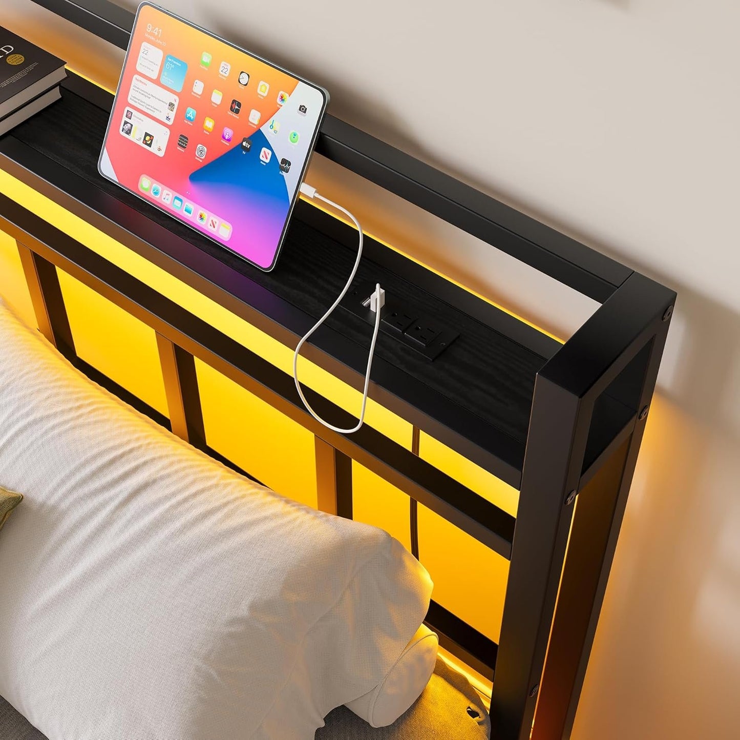 Maliacife Queen Bed Frame with Storage Headboard,Metal Platform Bed with USB Charging Station and Led Lights,Heavy Duty Steel Slats,Mattress Foundation, No Box Spring Needed,Easy Assembly,Black