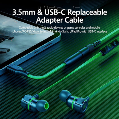 Gaming Headset with HD Microphone, 3.5mm Noise Isolating Gaming Headphones with Type-C Connector, FootFirst Surround Sound Magnetic Game Earbuds for iPhone, Switch, PS5, Xbox One, iPad, PC, Green
