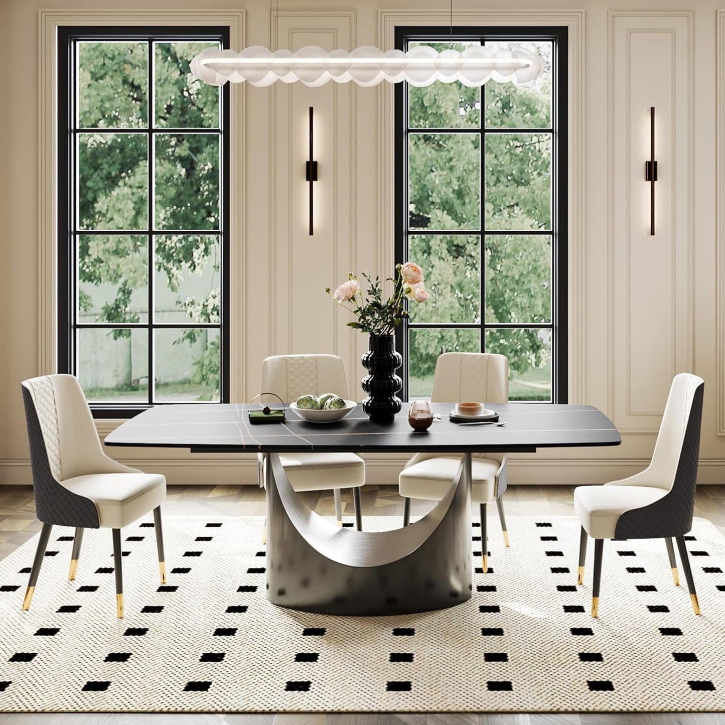 POVISON 94'' Modern Rectangular Dining Table for 8–10 – Black Sintered Stone Tabletop w/Dark Grey Carbon Steel Pedestal, Luxury Kitchen & Dining Room Table, Elegant Large-Capacity Design