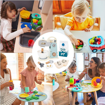 Jvjggag Blender Toy, Food Mixer Accessories, Realistic Action Wooden Kitchen Playset Equipment Pretend Play Toys for Children Girls Boys Baby Kids Aged 3-5