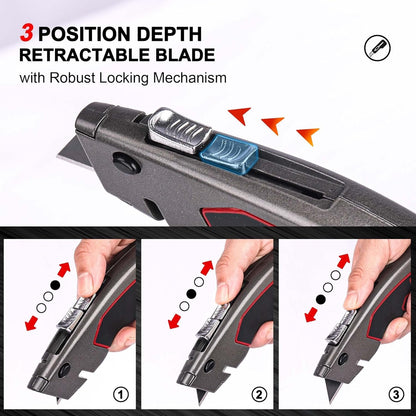 HAUTMEC Heavy Duty Utility Knife With Dual Cutting Mechanism: Safety Auto-Retracting Cutting and Precision 3 Position Depth Tough Cutting, Professional Box Cutter With 3 Black Sk4 Blades, HT0311