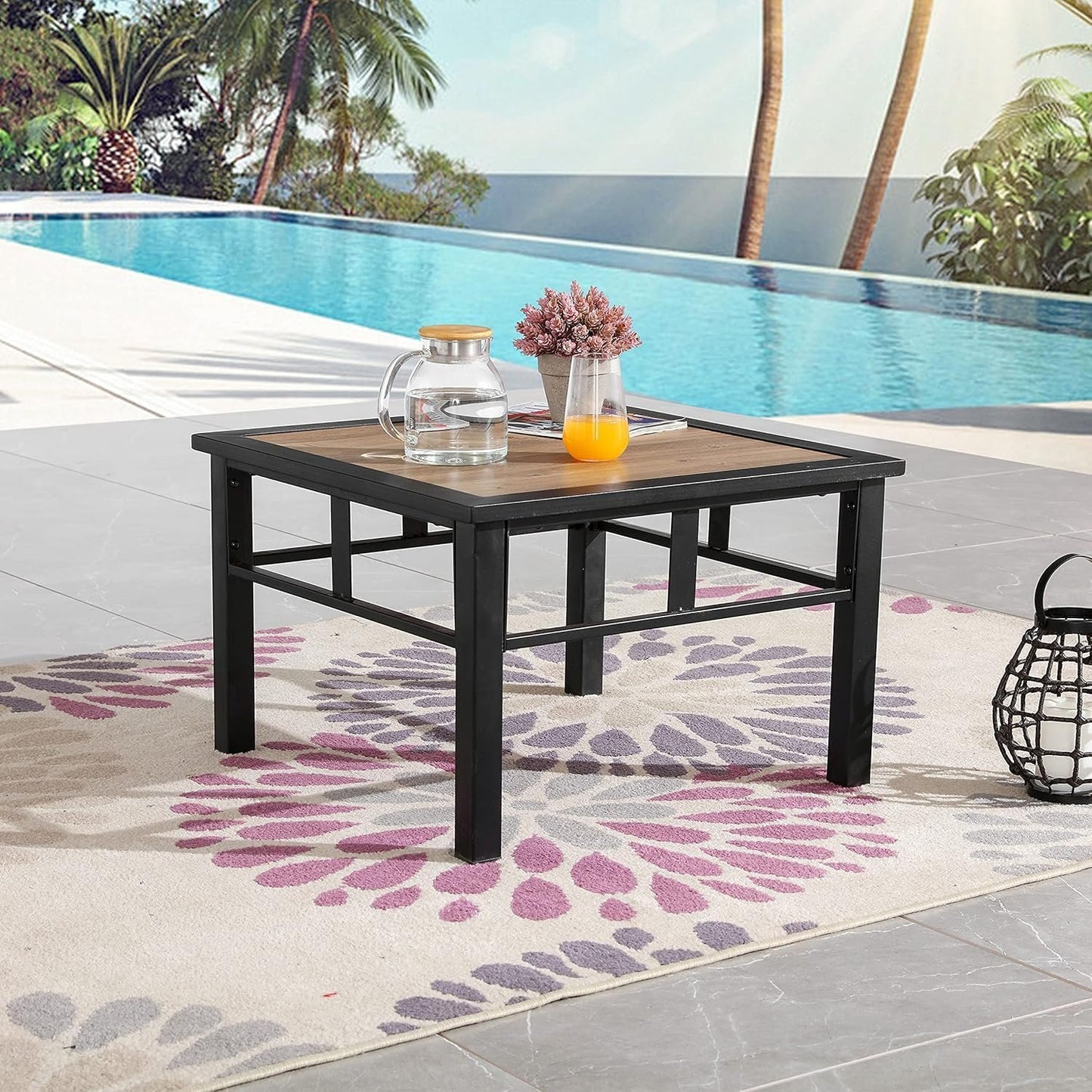 LOKATSE HOME Outdoor Metal Square Dining Furniture with Wood-Like Table Top, Brown&Black