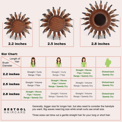 BESTOOL Nylon Pin Bristle Brush Detangling Wood Large Spiked Brush for Men Women Children Blow Drying Volume Adding Volume (2.5 inch)