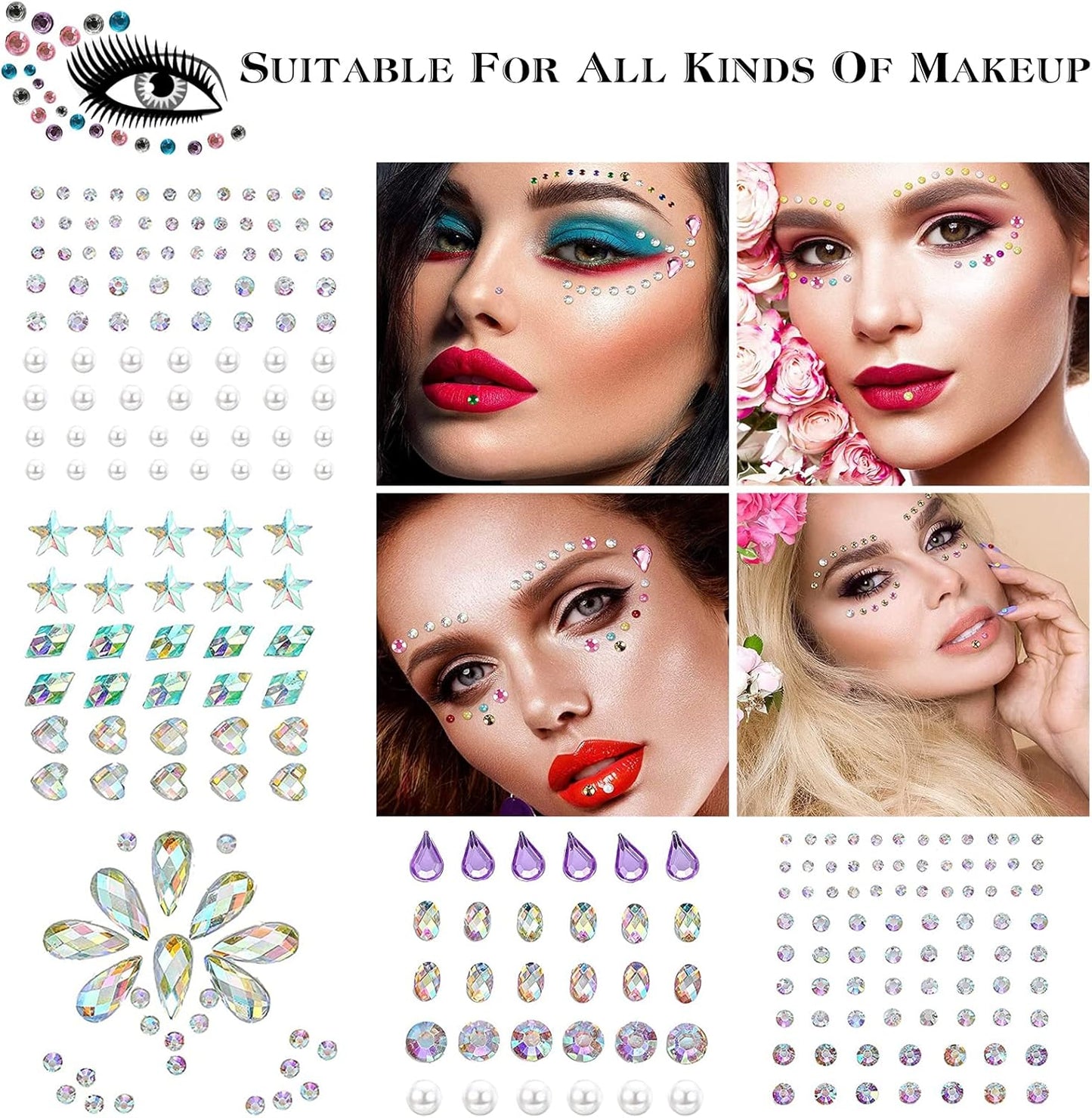 406 Pieces Glitter Gems Stickers for Face 7 Sheets Glitter Make Up Stickers for Gems, Body Eyes Rhinestones Stickers Stickers for Face Gems Festival Accessories Nail Art Decorations