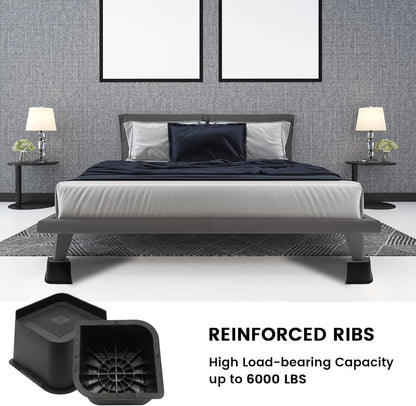 MQFORU Bed Risers 4 inch,L Shape Oversized Furniture Risers,Heavy Duty Support to 6000lbs,Wide Opening Bed Lifts for Bed, Couches, Tables, Desks (Black,4pack)