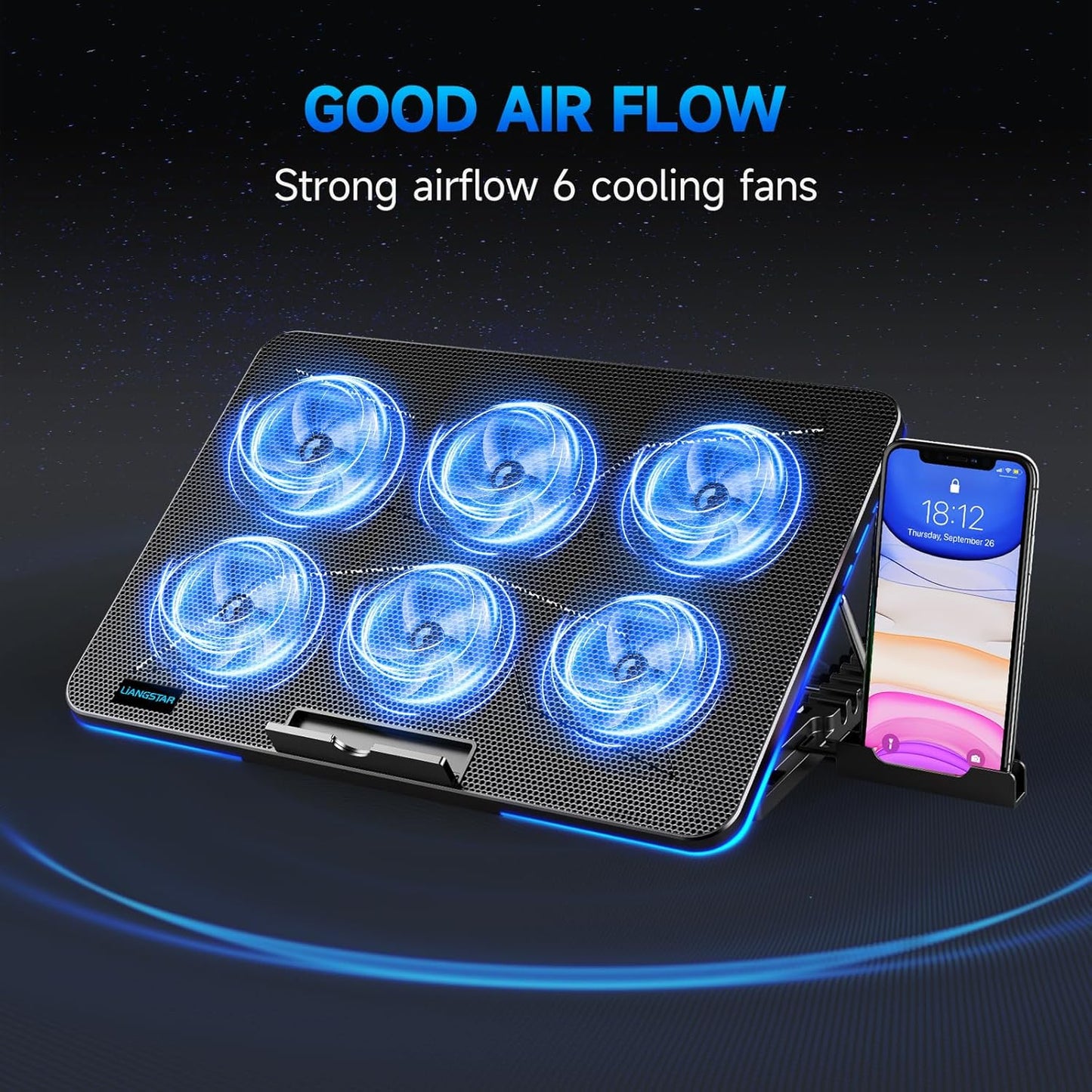 LIANGSTAR Laptop Cooling Pad, Laptop Cooler with 6 Quiet Fans for 12-17 Inch Notebook Gaming Fan Stable Stand, 7 Height & Wind Speed Adjustable, Blue LED Light can Turned Off，2 USB Port & Phone Holder