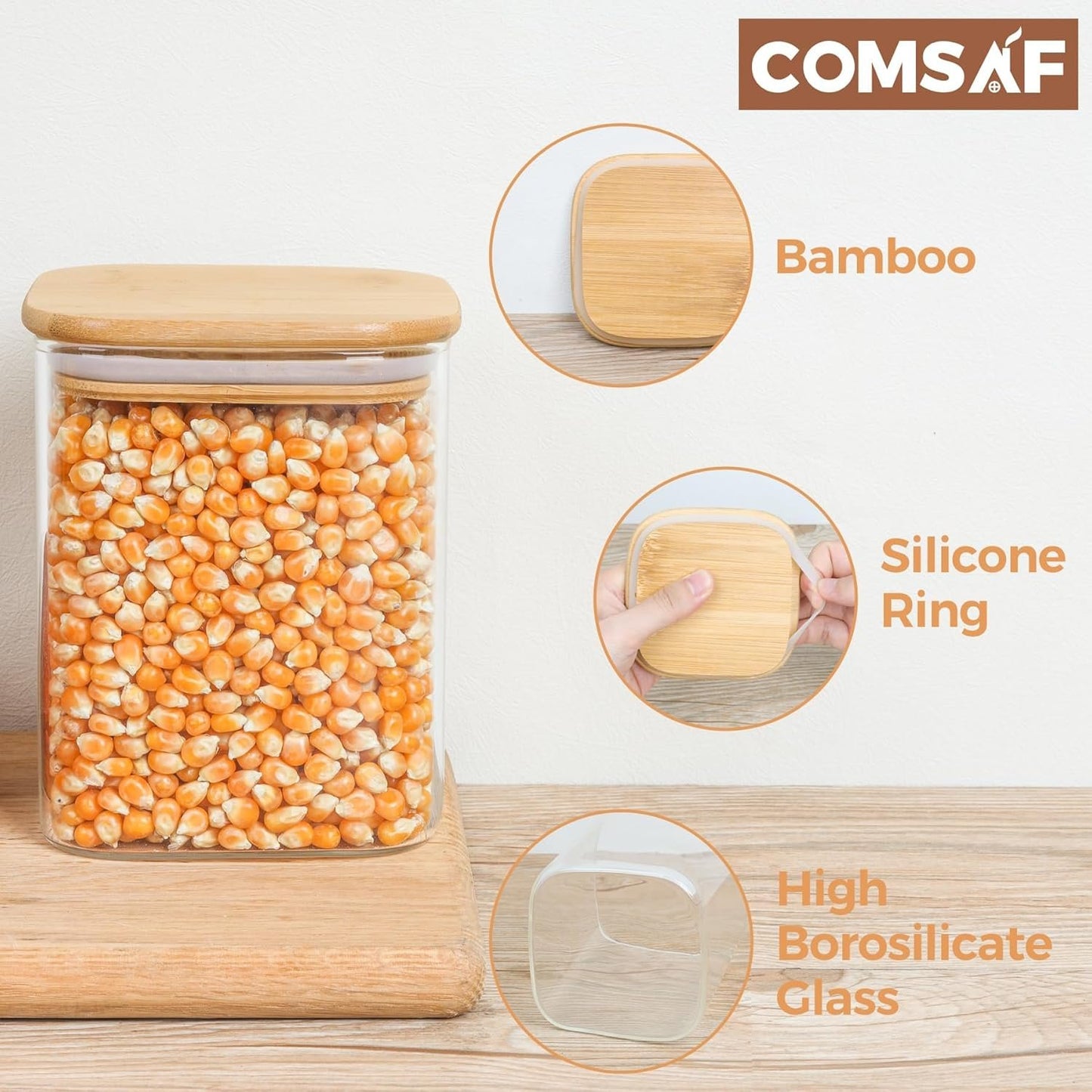 ComSaf Glass Food Storage Jars Set of 6, 27oz/800ml Clear Containers with Airtight Bamboo Lid, Pantry Organization Jar, Spice, Blooming Tea, Coffee and Sugar Container, Canister for Kitchen Square