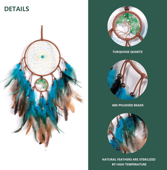 VIBILIA Dream Catchers Tree of Life Blue Feathers, Handmade Native American Dreamcatcher with Crystals for Kids Bedroom Wall Hanging Home Decor Holiday Ornaments Birthday Party Blessing Gift