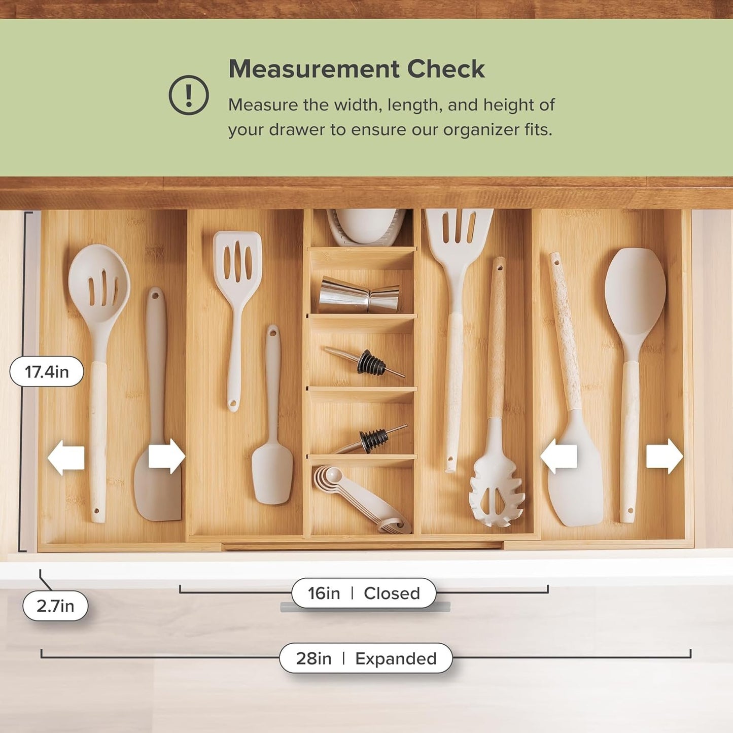 KitchenEdge Adjustable Bamboo Kitchen Drawer Organizer for Utensils and Junk, Expandable to 28 inches Wide, 9 Compartments