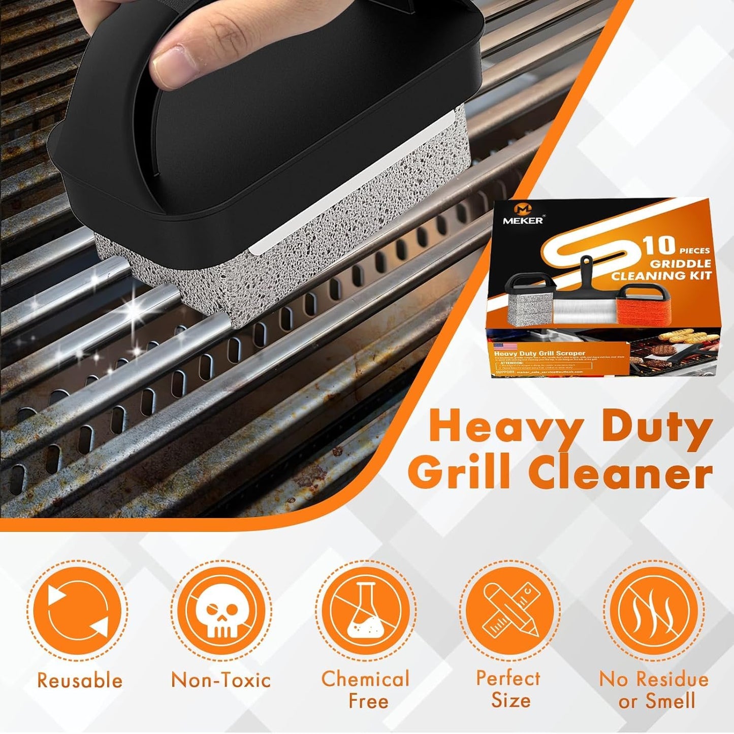MEKER Griddle Cleaning Kit for Blackstone, Flat Top Grill Cleaning Kit with Grill Stone, Upgraded Scouring Pads & Griddle Scraper & Brush with Handle - Easy to Remove Stain (10 PCS)