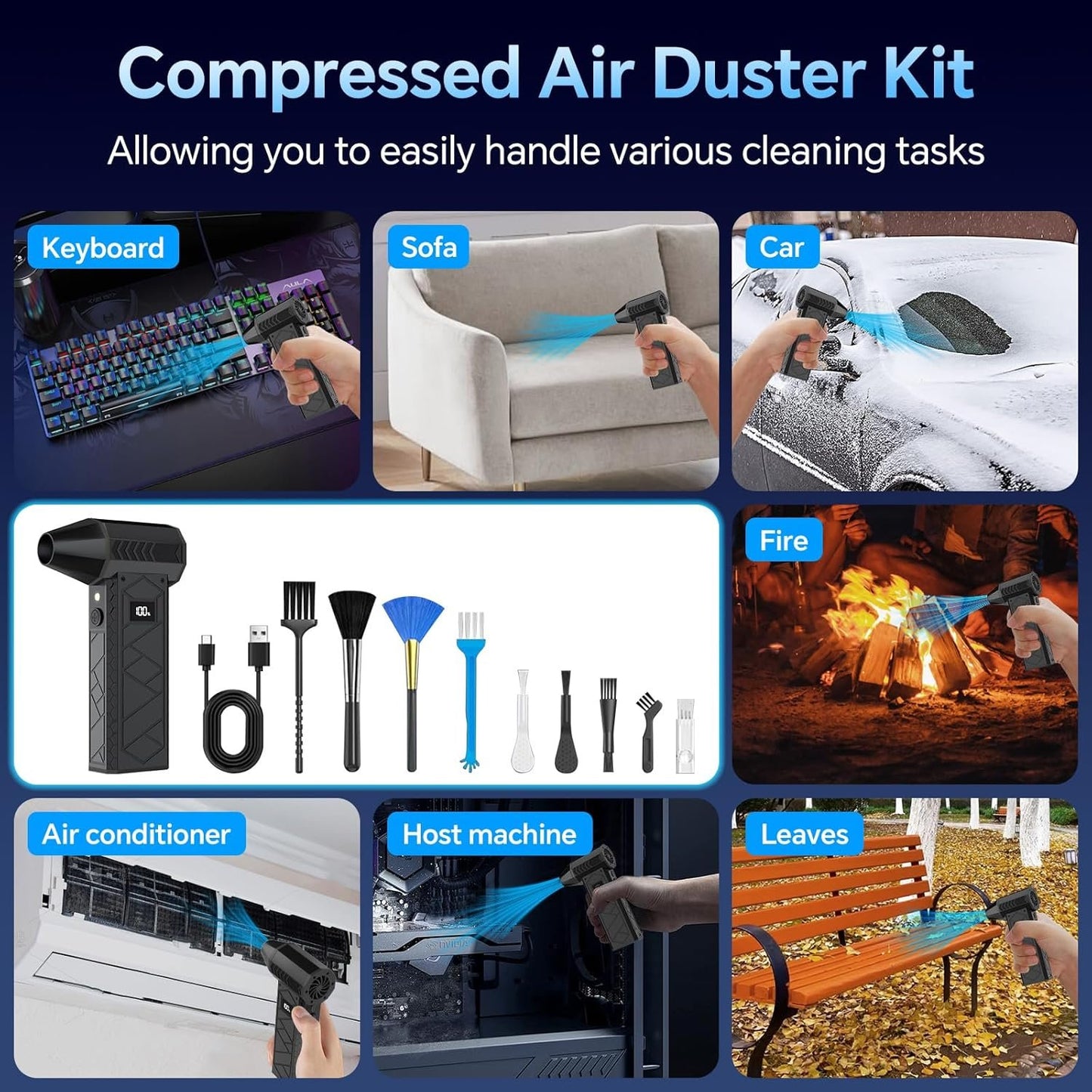 10000mAh Compressed Air Duster with Two LED Light-180000RPM Electric Mini Blower, 4-Gear Adjustable Air Blower Rechargeable Cordless PC Cleaning Kit for Keyboard, Computer, Car, Snow, Home, Black