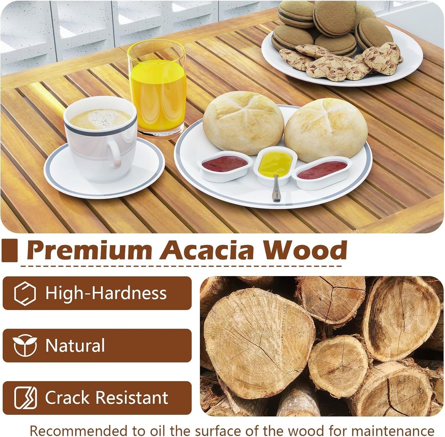 Tangkula 3 Piece Patio Bar Table & Chairs, Outdoor Acacia Wood Bar Set w/Slatted Seat & Tabletop, Wood Dining Bar Set w/Backrest, Armrests & Footrest for Backyard, Poolside, Balcony