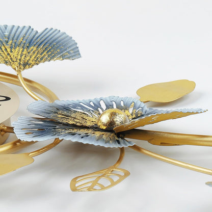 Lafocuse 37x14 Inch Silent Metal Modern Ginkgo Leaf Wall Clock for Living Room, Blue and Gold Large Wall Clock for Home Decor, Horloge Murale Decorative for Dinning Room Bedroom Office Kitchen