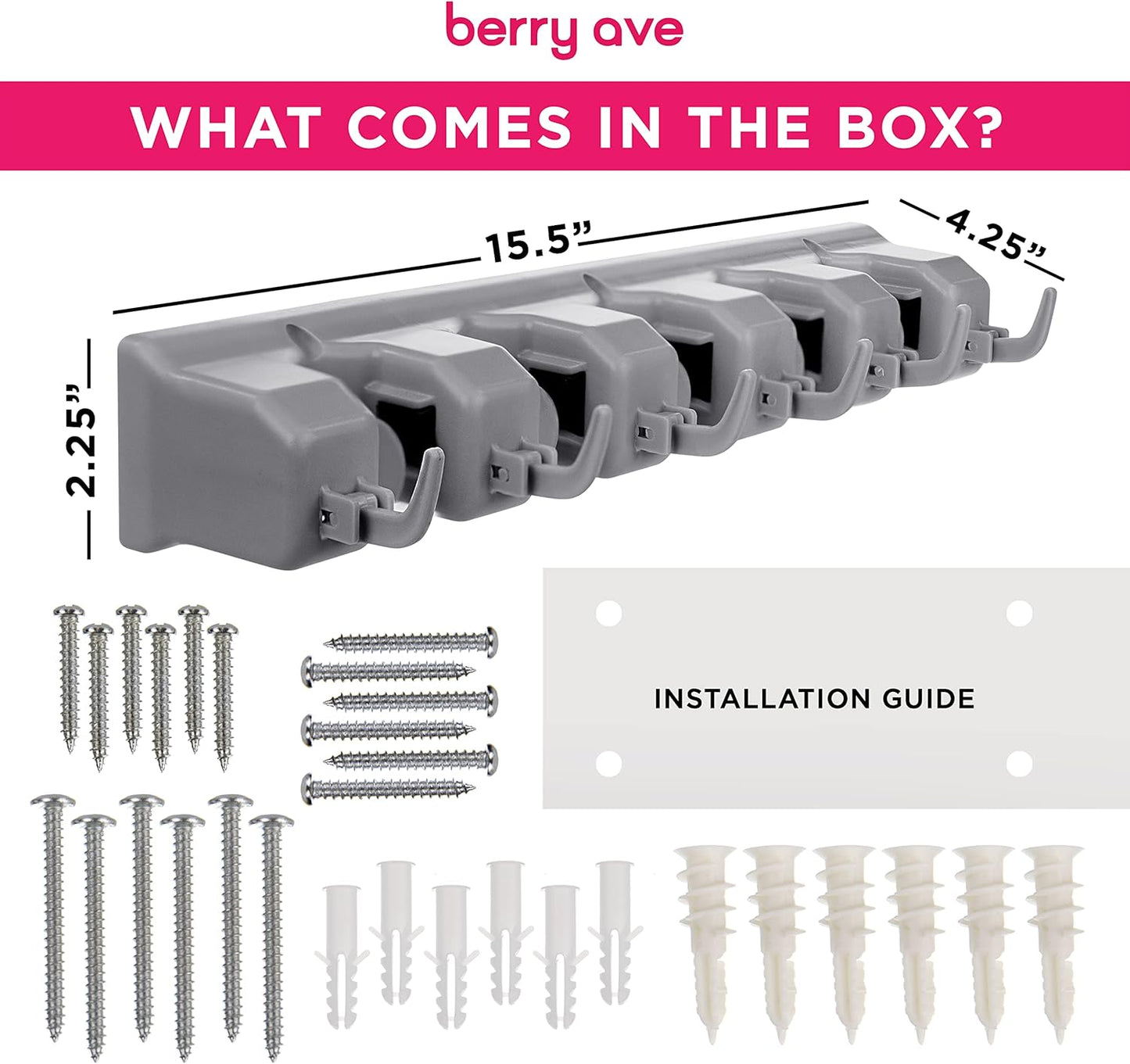Berry Ave Broom Holder Wall Mount and Garden Tool Organizer, Closet Storage, Kitchen Rack, Home Organization and Garage Organizer for Rake or Mop Handles Up to 1.25-Inches, Hanger Plus 6 Hooks (Grey)
