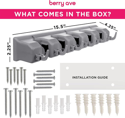 Berry Ave Broom Holder Wall Mount and Garden Tool Organizer, Closet Storage, Kitchen Rack, Home Organization and Garage Organizer for Rake or Mop Handles Up to 1.25-Inches, Hanger Plus 6 Hooks (Grey)