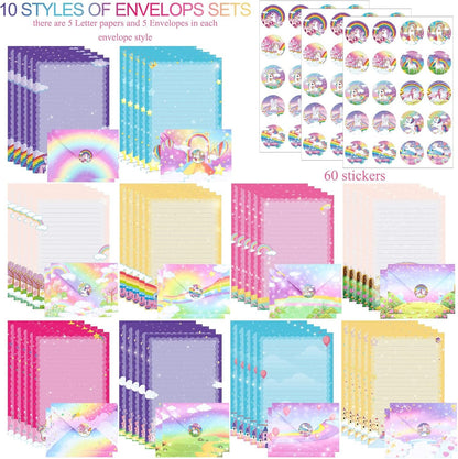 TaoBary 160 Packs Mini Rainbow Unicorn Stationery Paper Set 50 Double Sided Stationery Writing Papers Matching Envelopes and 60 Unicorn Round Dot Stickers, 5.5 x 8.25 Inch, 10 Designs