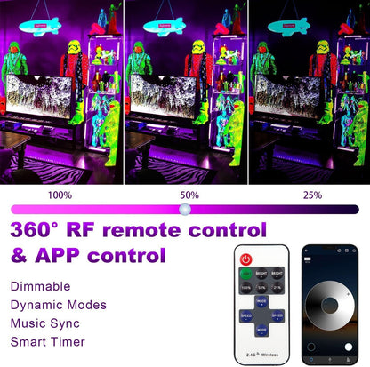 TENDIST 15M Black Light Strip, Bluetooth Purple LED Strips Lights with RF Remote Control and Smart App, 24V UV Blacklight Glow in The Dark Lights for Poster, Bedroom, Party Lighting