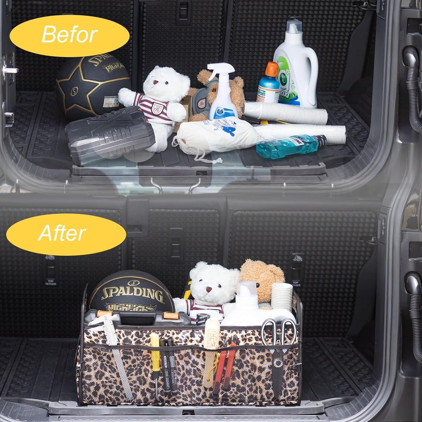 JiatuA Car Trunk Organizer, Car Organizers and Storage Collapsible Multi Compartment Container Box, Adjustable Car Accessories for SUV Sedan Truck, Standard Size, Leopard print