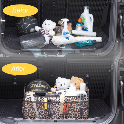 JiatuA Car Trunk Organizer, Car Organizers and Storage Collapsible Multi Compartment Container Box, Adjustable Car Accessories for SUV Sedan Truck, Standard Size, Leopard print