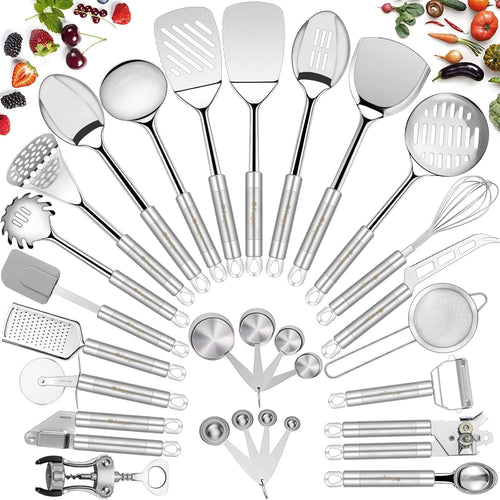 Fungun Stainless Steel Kitchen Utensil Set- 28 Pcs Cooking Nonstick Cookware Set with Spatula - Best Gadgets Tools Kitchen Accessories