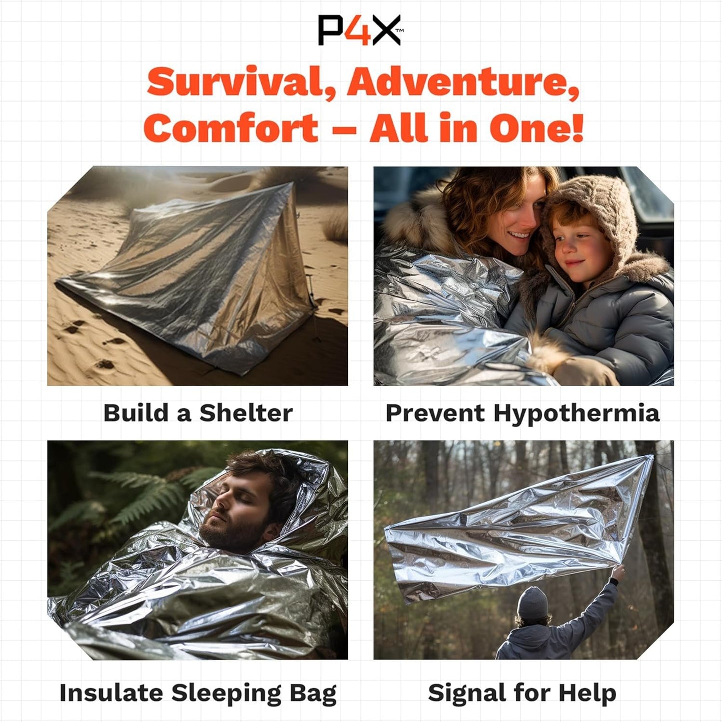 PREPARED4X 8-Pack Large Mylar Emergency Blanket - Mylar Blankets Survival Thick Reusable - Waterproof, Rip, and Tear Resistant Survivalist Gear - Emergency Thermal Blanket for Outdoors 82"x82"