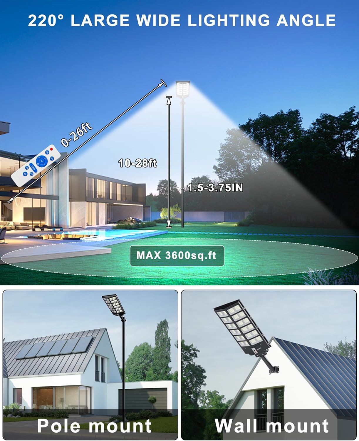 JAYNLT Y-9500W Solar Street Lights Outdoor,6500K Commercial Parking Lot Lights Dusk to Dawn, Waterproof Solar Security Flood Lamps with Motion Sensor and Remote for Yard, Garage, Driveway
