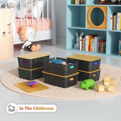 Plastic Storage Baskets With Bamboo Lid - Plastic Storage Containers Stackable Storage bins: Storage Baskets for Organizing Shelves Drawers Desktop Closet Playroom Classroom Office, 6 Pack, Gray