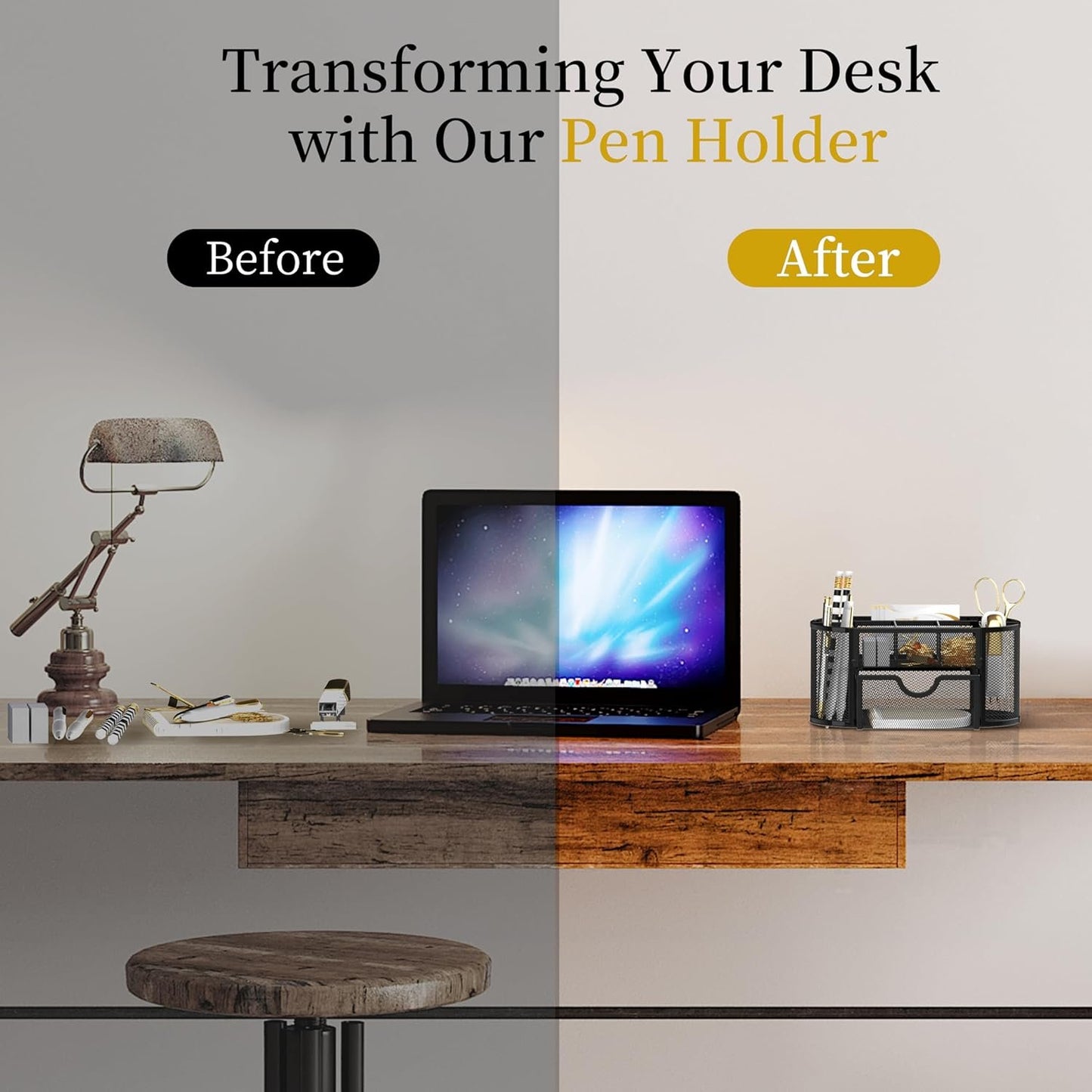 SUPEASY Mesh Desk Organizer, Desk Accessories & Workspace Organizers with Drawers, Pencil Holder for Desk with 9 Compartments for Office Supplies, 8.6 x 4.3 x 4.1 Inch, Black
