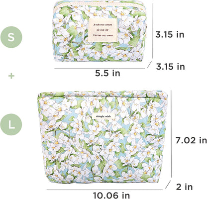 Sminra 2 Pcs Floral Makeup Bag Large Travel Cotton Quilted Cosmetic Makeup Bag Organizer, Cute Coquette Aesthetic Zipper Portable Pouch Purse Storage Toiletry Bag for Women Girls accessories, 03-Green