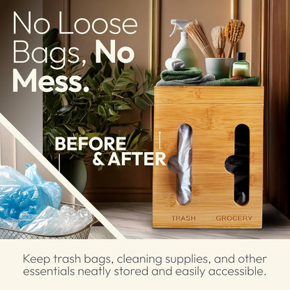 Plastic Bag Holder and Dispenser – Pantry Organizer for Kitchen Accessories - Under Sink Organizer and Storage for Kitchen Essentials - Bamboo Cabinet Dispenser and Trash Bag Holder