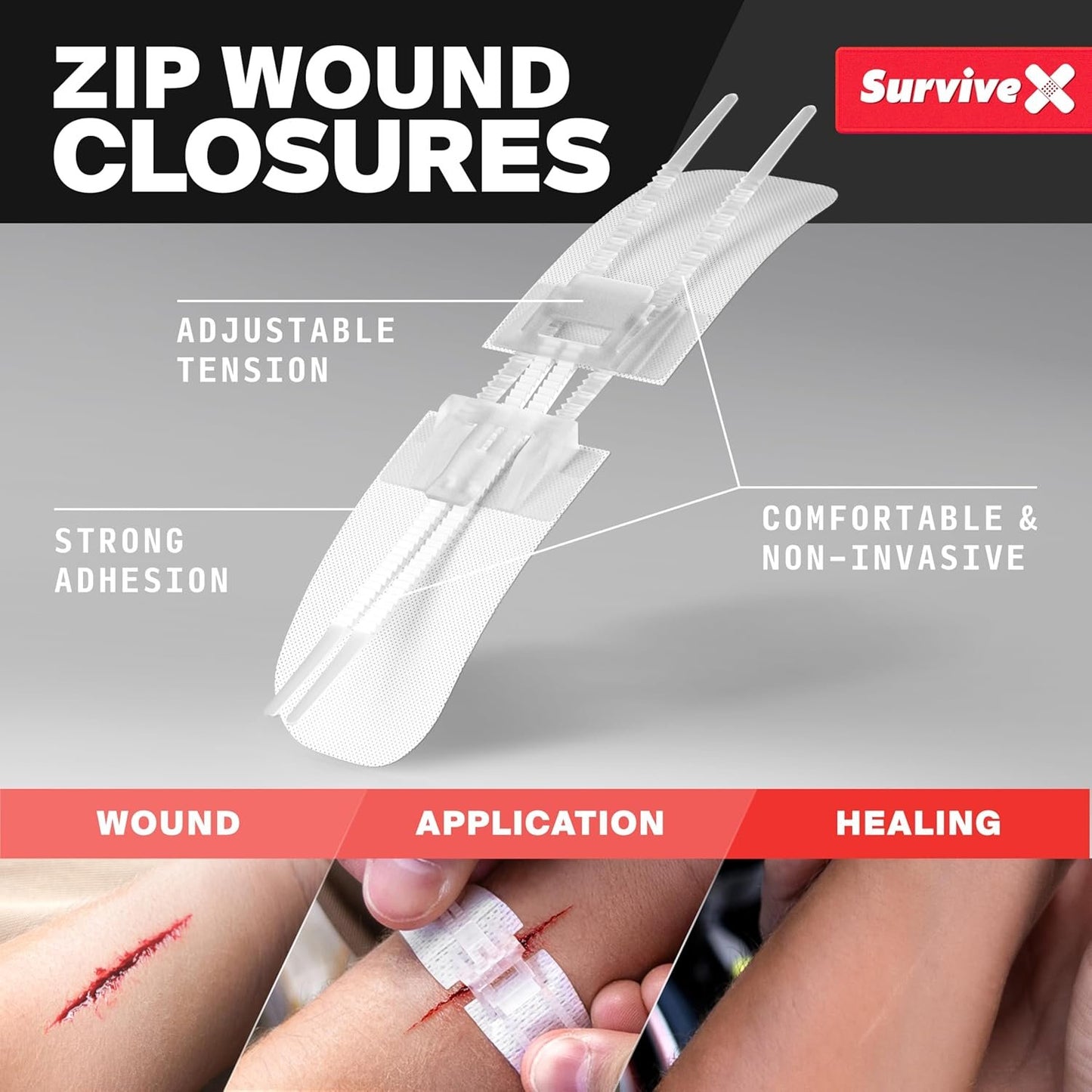 SurviveX Large First Aid Kit for Car, Travel & Home - Emergency Kit for Hiking, Camping, Backpacking and Outdoor Adventures - Includes Zip Stitch Wound Closure Strips